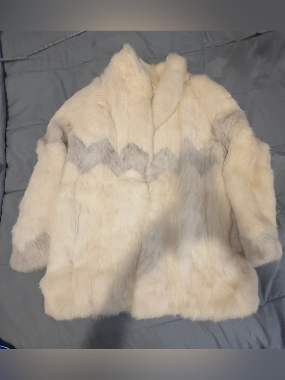 Vintage Cream rabbit Fur coat with Subtle Gray Chevron Accent. made in france